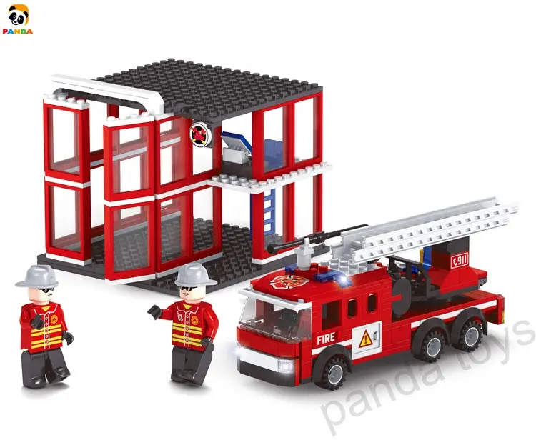 Jeux de briques en plastique écologique, jouets à tige, blocs de camion de lutte contre l'incendie, station de pompiers, échelle de camion, jouets éducatifs PA02037