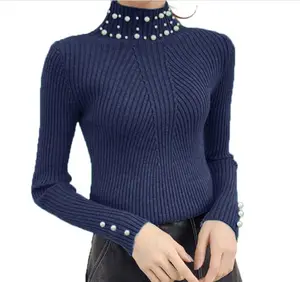 2023 custom factory oem odm manufacturer custom ribbed tight turtleneck fashion pearl decorate sweater
