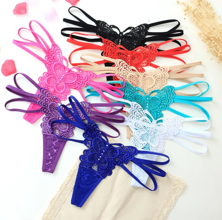 Hollow Out Thongs külot dantel kelebek ile rhinestone G-String iç çamaşırı kadın Low Rise külot külot