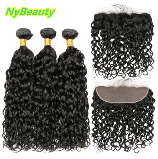 NyBeauty Virgin Brazilian Hair Water Wave Frontal Lace Closure With Bundles