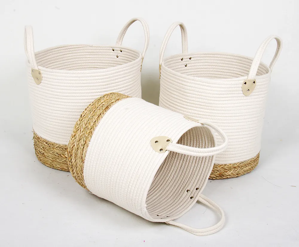Gran cuerda de algodón cesta de lavandería común paja natural inferior cesta de lavandería con mango de PVC y remaches