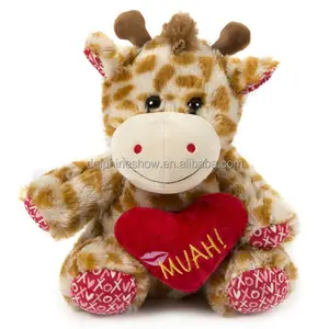 Promosi Valentine Hadiah Lembut Plush Giraffe Dengan Hati Merah Merek LOGO Kustom Lucu Stuffed Hewan Jerapah Mainan Mewah