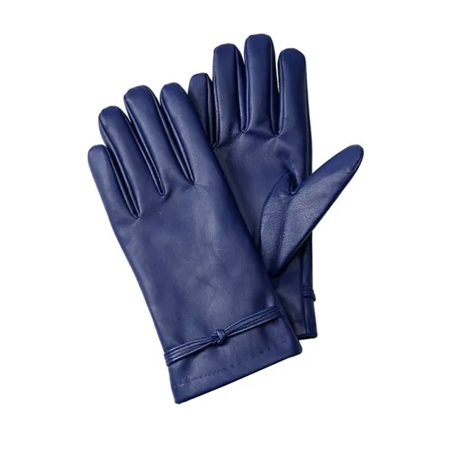 Ladies Silk Lined Genuine Leather Navy Blue Gloves with Interlocking Knot