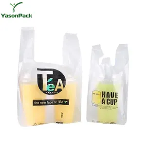 Biologisch Afbreekbaar Winkelen Kleur Gedrukt Clear Poly T-shirt Plastic Koffie Cup Carry Bag Pouch Plant