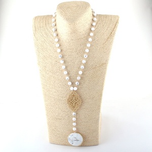 Collier pour femme, mode ethnique <span class=keywords><strong>bohème</strong></span>, bijoux, chaîne de chapelet en pierres précieuses, grille métallique, jaspe dalmatien, howlite blanche, pendentif disco - Product Image 2