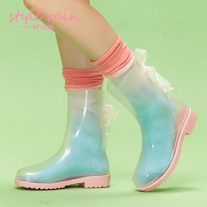 boots factoryFashion Ladie's lace up jelly back lace up transparent rain boots