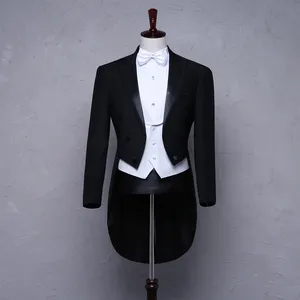 الفاخرة الزفاف 100% صوف لون أسود الساتان طية صدر السترة السنونو tailcoat