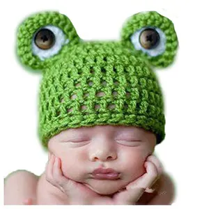 热绿色青蛙钩针帽子婴儿中性钩针青蛙动物童帽可爱婴儿钩针帽子