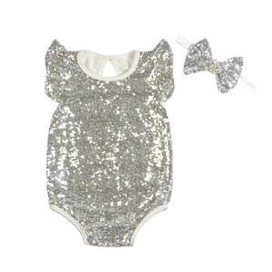 Nouveau élégant paillettes filles robes mignonnes bébé porte vêtements nouveau-né coton barboteuse avec bandeau - Product Image 3