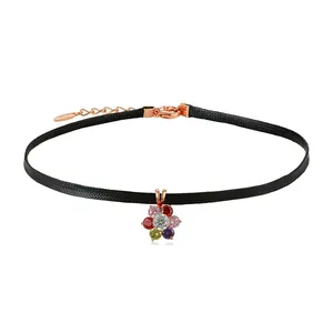 44369 Fashion jewelry chocker necklace, colorful flower leather 18k gold choker necklace