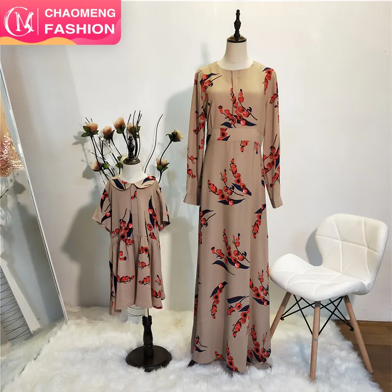 9074# Fashion Cherry Printing Chiffon Muslim Dress Ladies Child two piece parent kids sets Islamic Arab Abaya