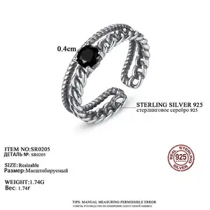 CZCITY 925 Sterling Silver Mở Cuff Đen CZ Nhẫn Phụ Nữ Cổ Điển Một Mảnh Boho Jewelry Anneaux Đổ Les Femmes