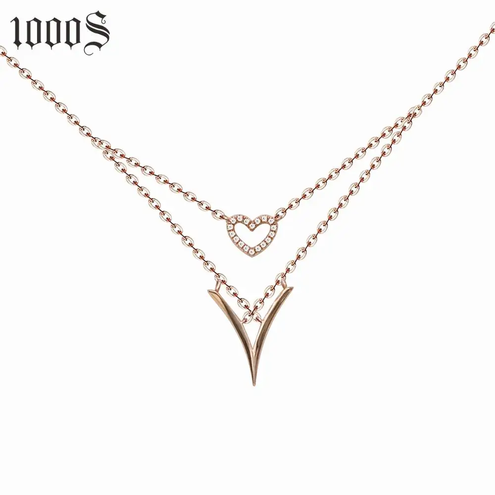 1000S 18k Gold Double Pendant Set Chain Heart Pendant With Diamonds Necklace Jewelry