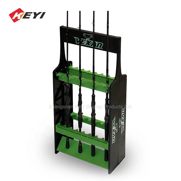 Custom Retail Store Double Sided Wood Fishing Pole Floor Display Stand / Fishing Coil Rod Rack