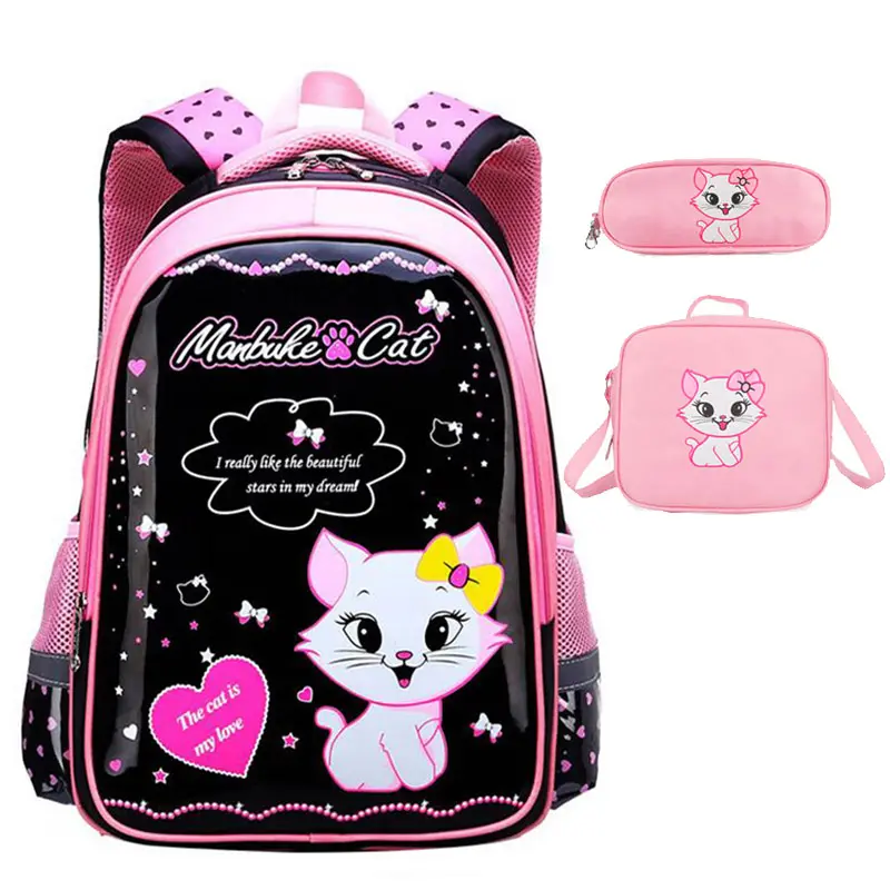 Lovely Cat Baby Girls School Bag Cartoon Pattern Kid Backpack Children Satchel 3 Pcs Set Mochilas Escolares Infantis Nylon