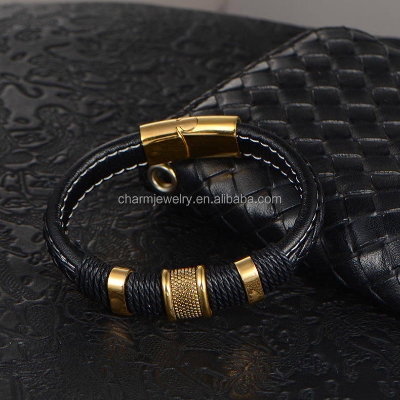 Pulsera de cuero de color dorado y plateado con cierre de conector