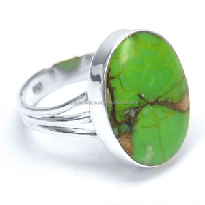 Anillo de Plata de Ley 925 con piedras preciosas de cabina ovalada turquesa de cobre verde con ajuste de bisel Chapado en plata anillo de moda para mujer - Product Image 2