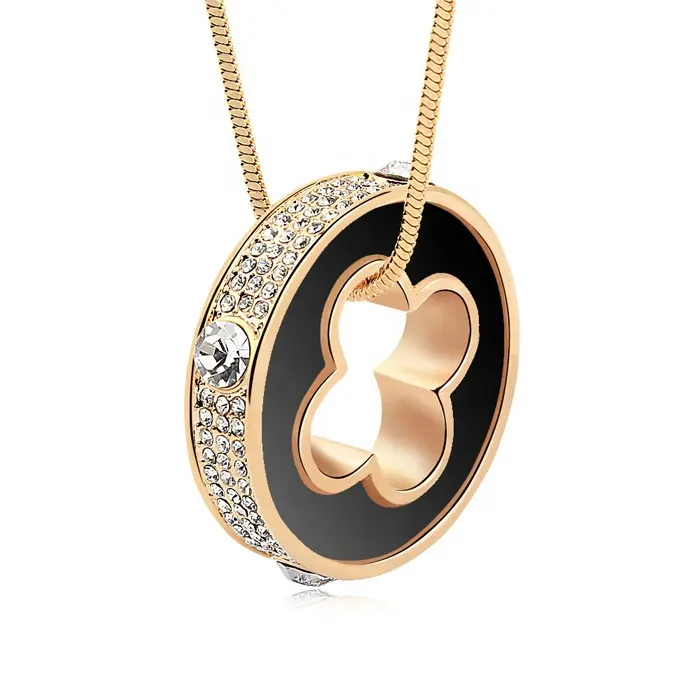 Fashion lucky four leaf Circle Tarnish Free Jewelry 18k Gold Plated Austrian Crystal Long Chain Necklaces For Women