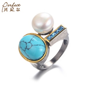 100% Reale barocco d'acqua dolce tasto Della Perla Anello, 925 Sterling <span class=keywords><strong>Silver</strong></span> Ring Con Sintetica Del Turchese/Blu Zircone - Product Image 2