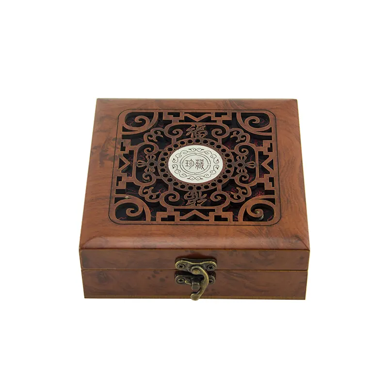 中空彫刻クラムシェルMDF木製ボックスメタルロック木材素材エンボスジュエリー包装ボックス