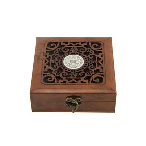 空心雕花翻盖式中密度纤维板木盒金属锁木材材料压花珠宝包装盒