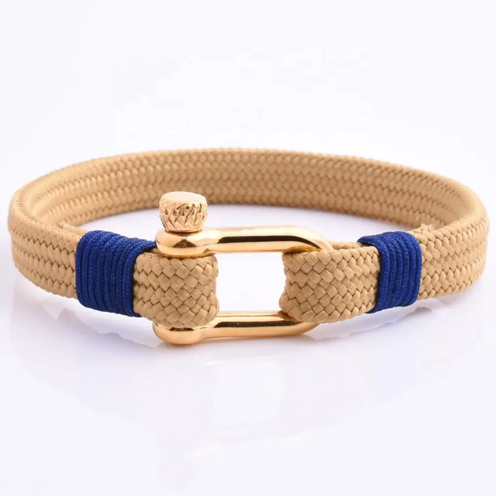 New Style Stainless Steel Yellow Beige Rope Gold Plated Shackle Buckle Clasp Bracelet