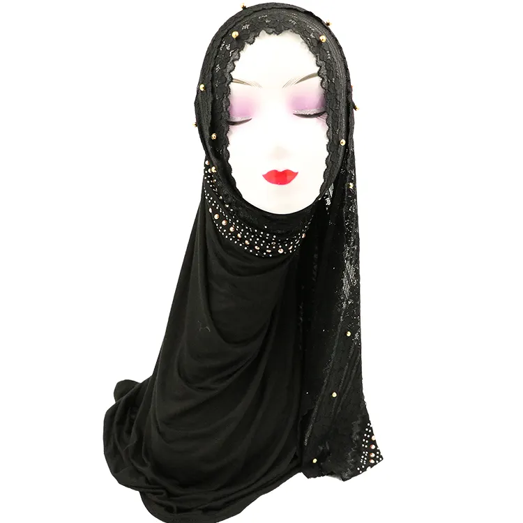 2021 beliebte spitze kanten schal hijab frau plain maxi schal wrap blume weiß spitze foulard weiche baumwolle Muslimischen hijabs schals