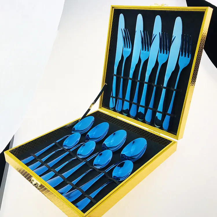 Royal Titanium Plating Blauwe Kleur Bestek Groothandel, 16Pcs Blue Bestek Sets Groothandel Met Houten Doos