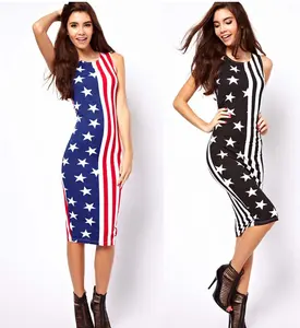 Último occidental de señora de la moda Midi sin mangas vestido ajustado mujer verano bandera rayas americano vestidos