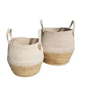 Handmade seagrass and cotton rope connection belly basket natural storage basket