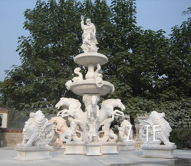 Fontaine à eau en pierre naturelle, grande taille, jardin personnalisé, roses et chevaux, eau en marbre, plein air