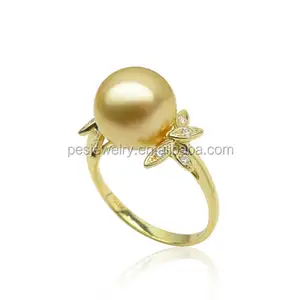 PES Fancy Jewelry! 10-10.5mm Round Genuine South Sea Pearl Created Diamond Ring AAA CZ (PES6-2074)