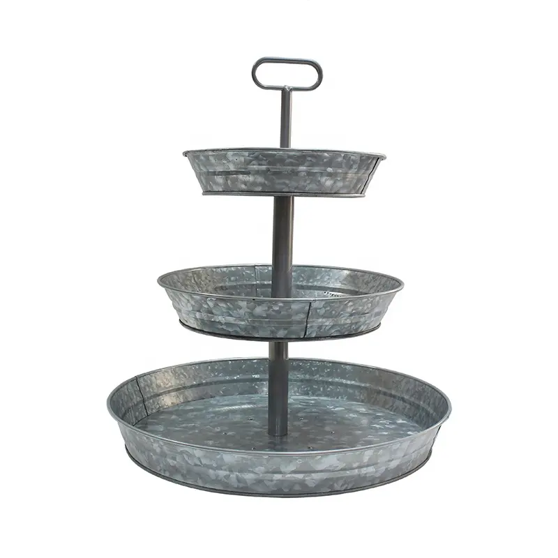 High quality galvanized Farmhouse Style Serving Tray 3-Tier Metal Tray Metal Tiered Serving Tray Stand With portable handle