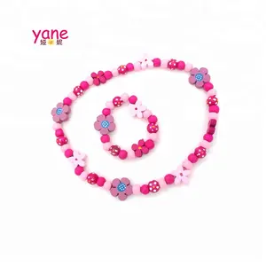 Cute Children's Colorful Wooden Pearl Flower Kids Necklace Set