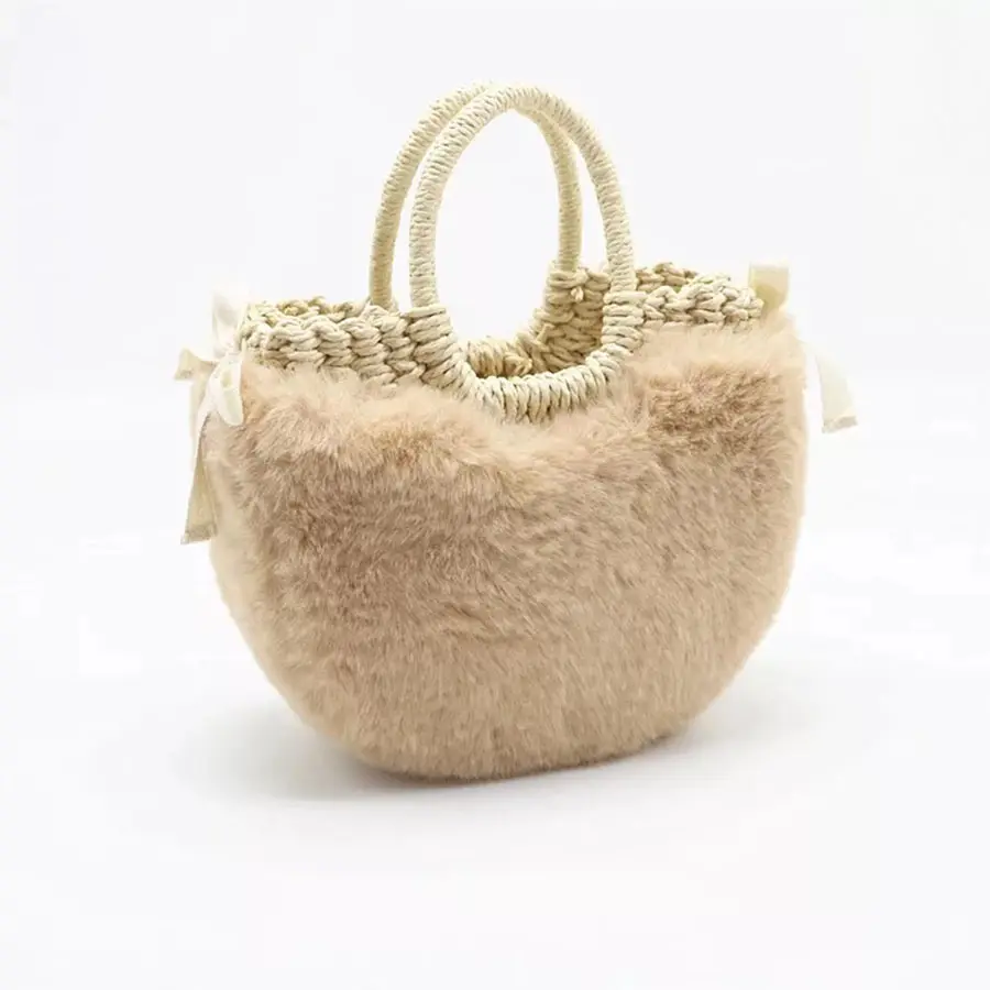 Hot Sale Beach Winter Soft Fur Women Straw Rattan Bag Circular Vintage Handbags New Retro Ladies Bucket Shoulder Bags