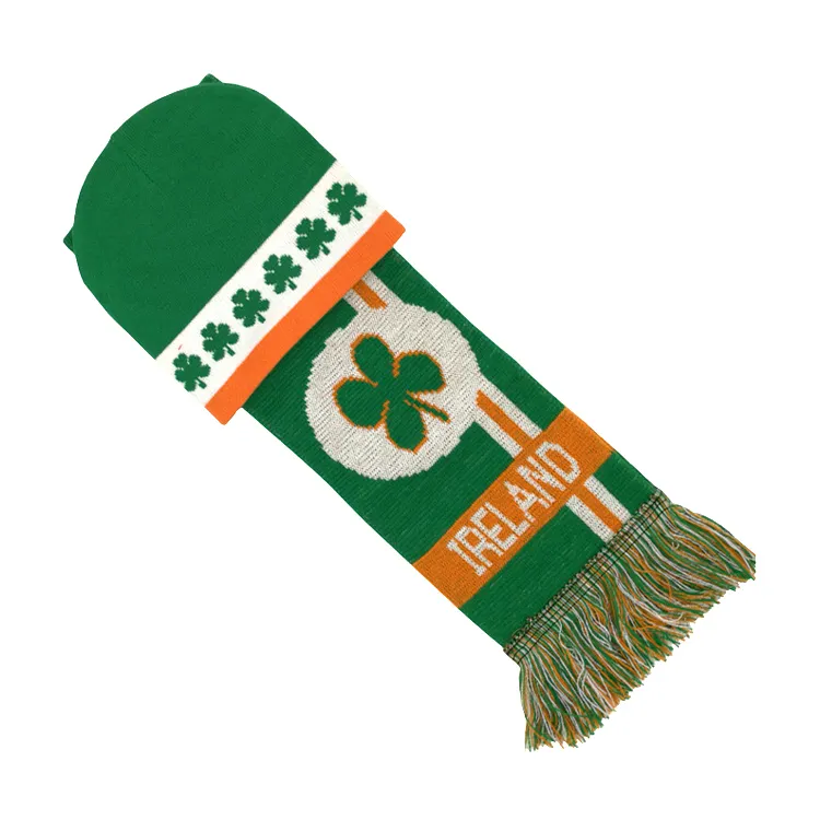 Eire fashion Ireland football fans bar scarf knitting Ireland scarves hat set acrylic soccer scarf