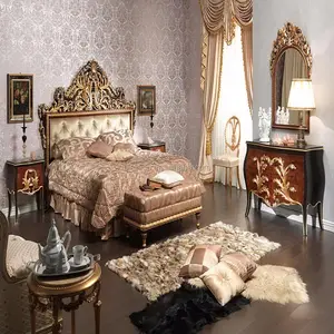 फ्रेंच क्लासिक नक्काशीदार लकड़ी काले पर सोने बेडरूम फर्नीचर, उच्च अंत नक्काशी बिस्तर विला के लिए