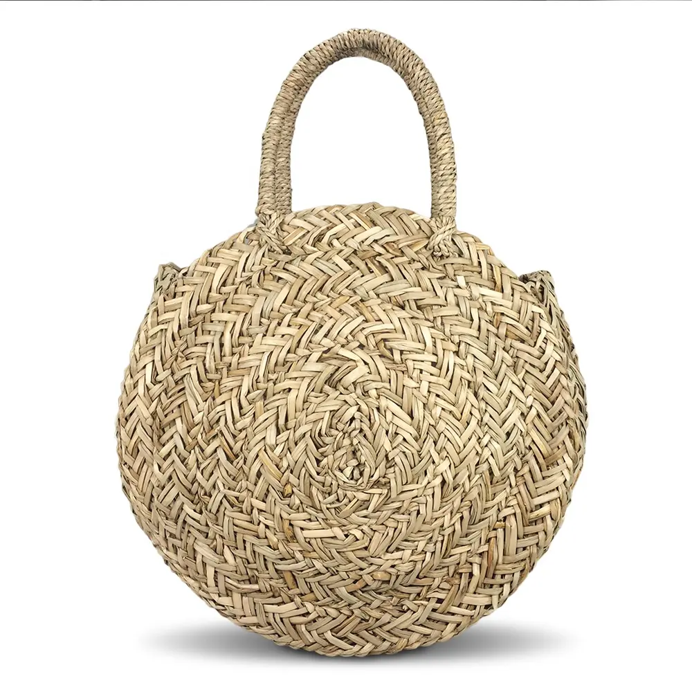 Trendy hand woven round straw bag made from sea grass straw