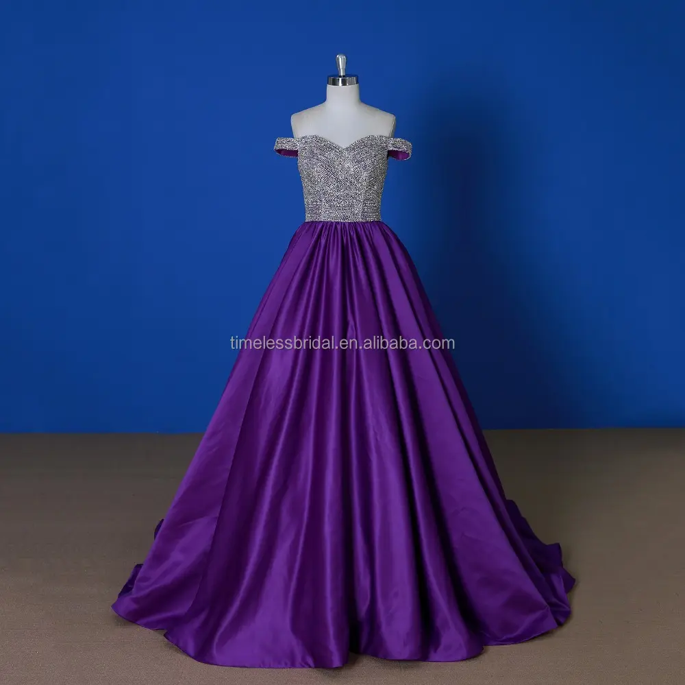 New design 2018 wholesale off shoulder shiny beaded purple evening patty dress