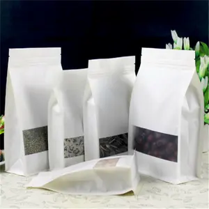 Sacs d'emballage de thé en papier recyclable à fermeture éclair, gousset latéral, fond plat, pochette en grains de café avec fenêtre transparente