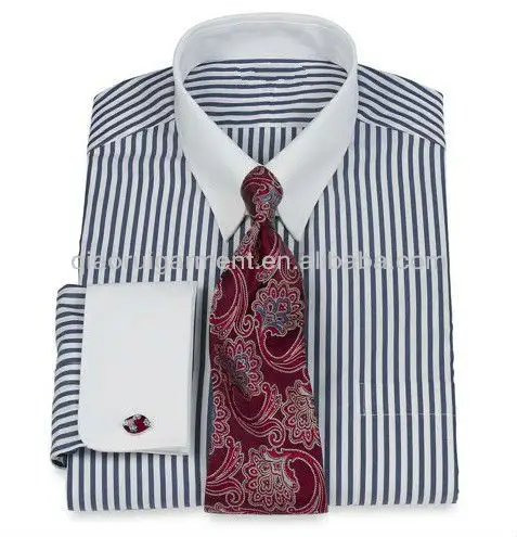Men's Luxury White Snab Collar French Cuff Blue Stripe Business Dress Shirt