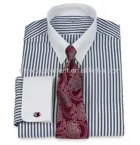 남자의 호화스러운 백색 Snab 고리 프랑스 팔목 파란 줄무늬 사업 복장 셔츠
