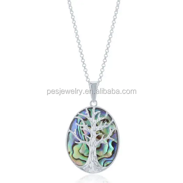 PES fashion jewelry! Abalone Paua Shell Family Tree of Life Oval Pendant Necklace