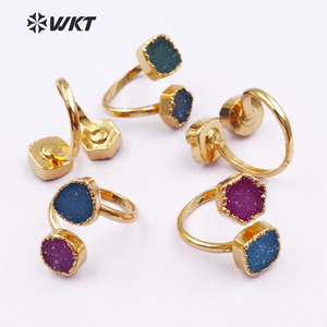 WT-R119 Adjustable Gold <strong>Stone</strong> <strong>Ring</strong>, Double Druzy Geode <strong>Ring</strong>, Druzy Jewelry Gold Plated <strong>Ring</strong> <strong>Two</strong> Stones <strong>Ring</strong> - Product Image 3