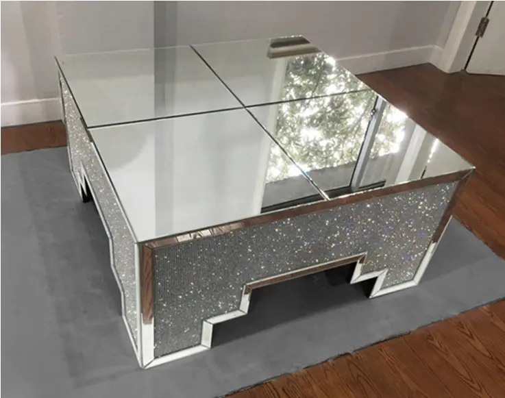 Sparkly Zilveren Vierkante Gespiegeld Salontafel Verpletterd Diamant Decoratieve Center Tafel Voor Thuis Hotel