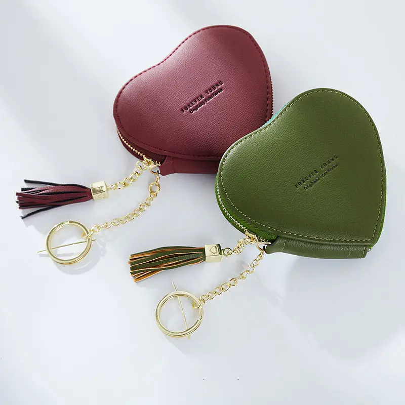 Cute Heart Shape Saffiano Leather Coin Wallet Women Key Chain Coin Purse