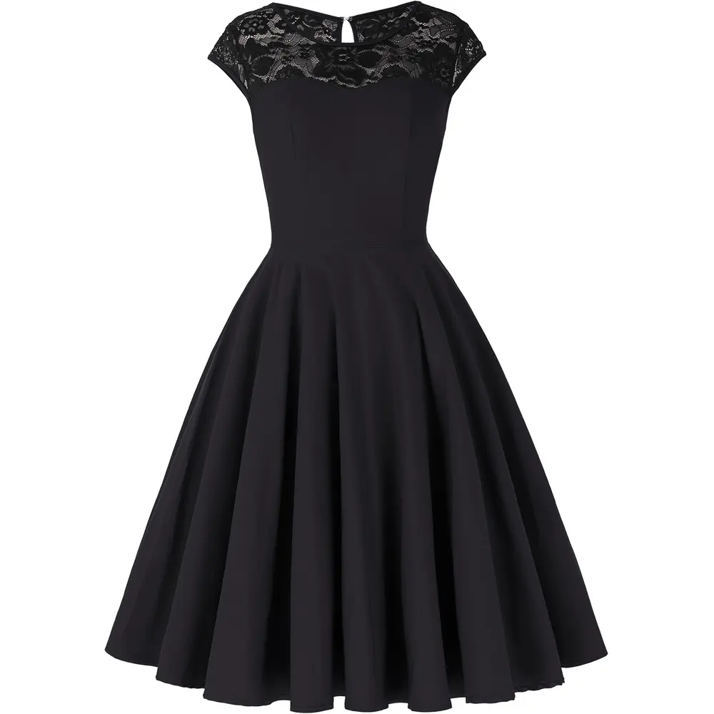 OEM Ladies Cap Sleeve Crew Neck Lace Splicing High Stretchy Flare A-Line Retro Vintage Black Swing Dress