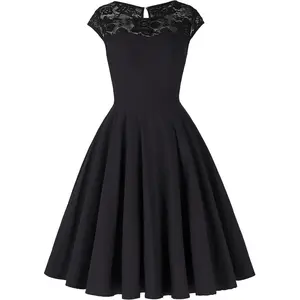 OEM Ladies Cap Sleeve Crew Neck Lace Splicing High Stretchy Flare A-Line Retro Vintage Black Swing Dress