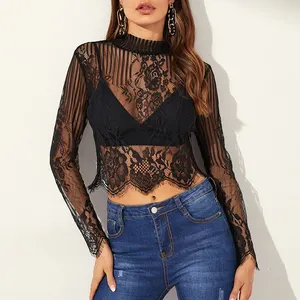 Highstreet black mock neck sheer lace button stand collar blouse women modern casual crop top Ihongsha