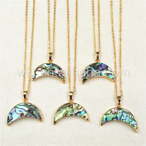 WT-N771 Wholesale Hot shape Natural Paua shell Crescent horn necklace 18k Real gold plated Abalone crescent horn necklace